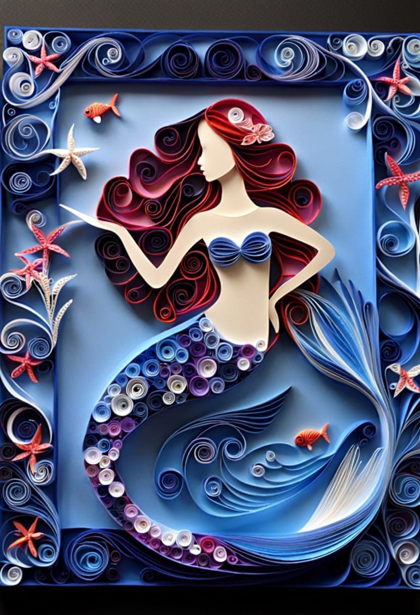 Beautiful Quilled Paper Mermaid in Detailed Frame
