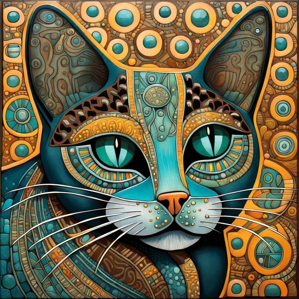 Intricate Cat Artwork with Teal and Brown Shades