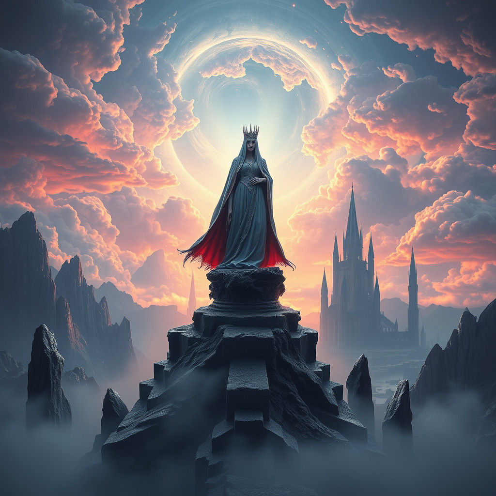 Regal Queen in Mystical Realm, Dreamlike Scene
