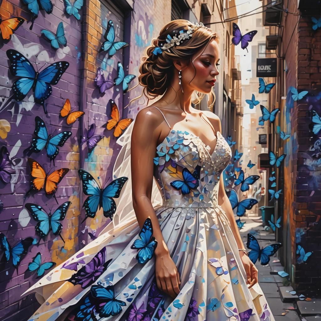 Bride Surrounded by Butterflies in Vibrant Street Art