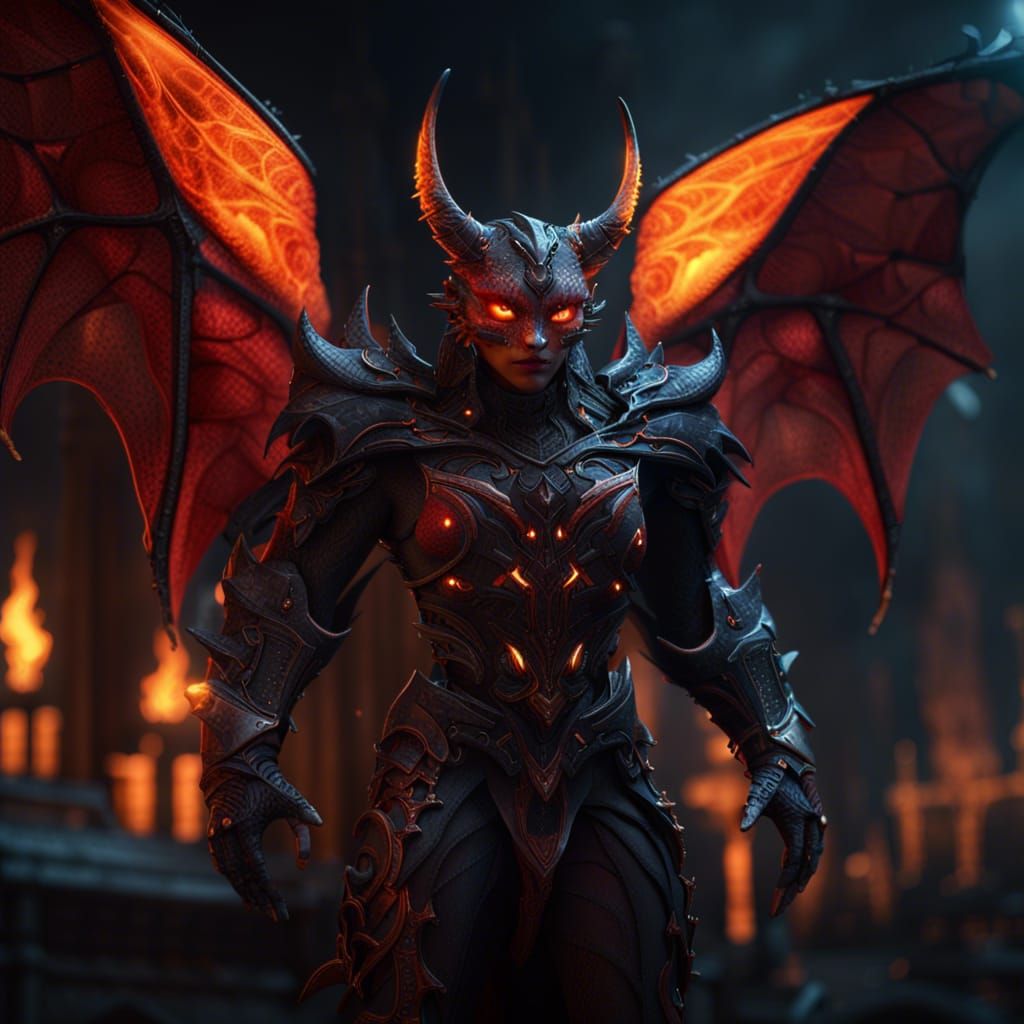 Fantastical Fire Devil Cat with Horns and Wings