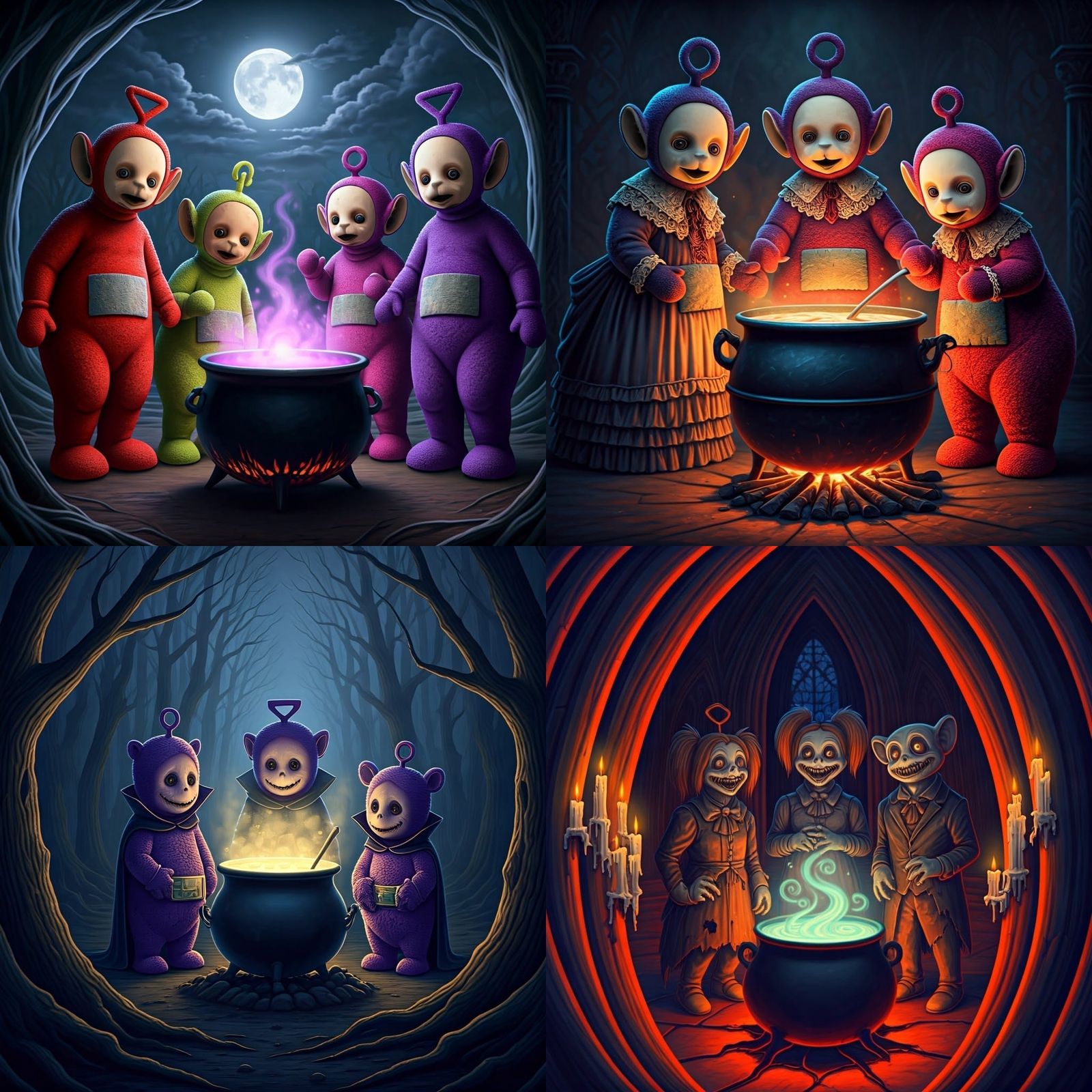 Four Teletubbies as Dark Vampires Gather around a Cauldron o...