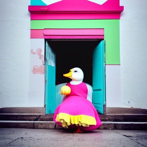 Heavy set duck wearing a dress, pink make up, blue eyes, watermelon half ate, giant white toilet,  Cat in toilet, yellow...