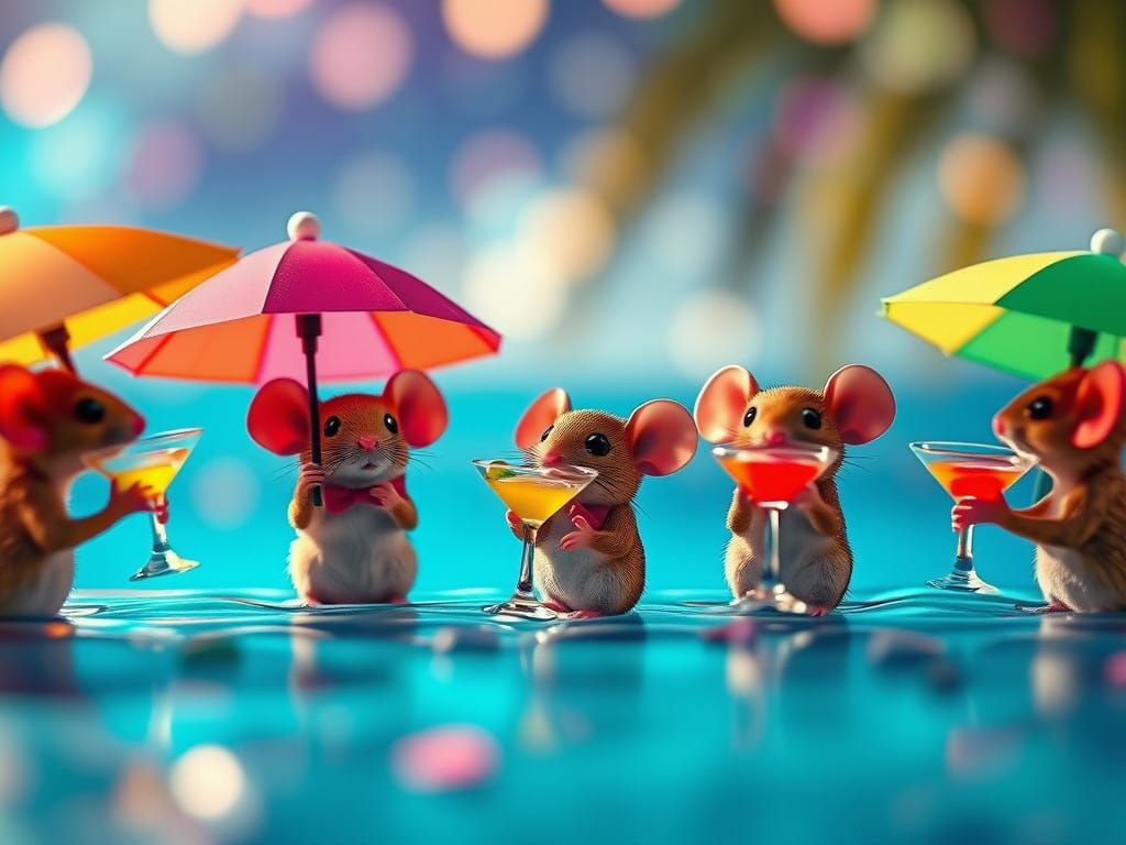 Surreal Beach Party with Tiny Mice in Futuristic Cocktail Sc...