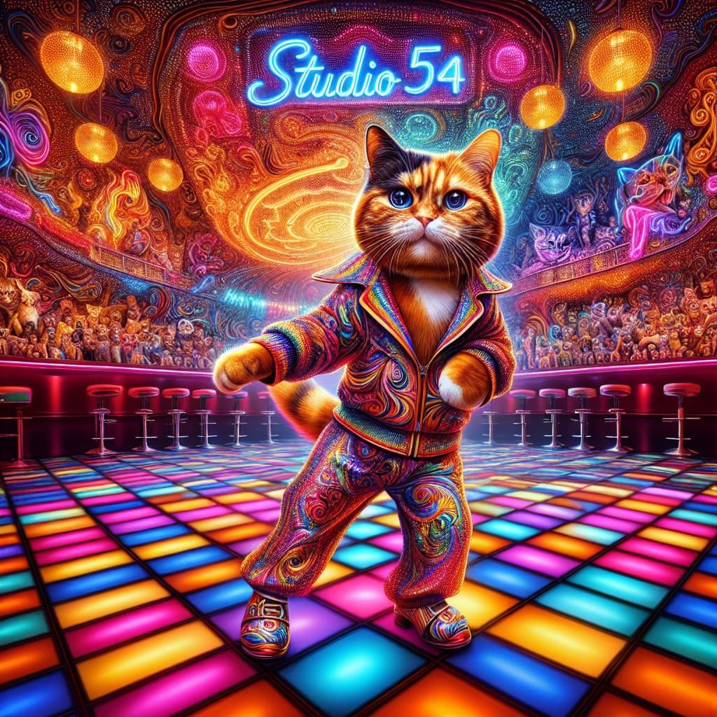 Tortoiseshell Cat Dancing at Studio 54: Digital Matte Painti...