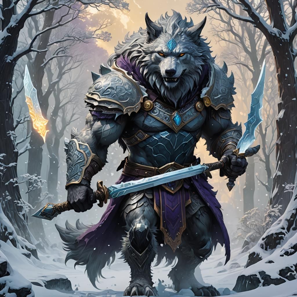 Frost Giant Wolf with Ice Sword: Art Nouveau Dark Fantasy