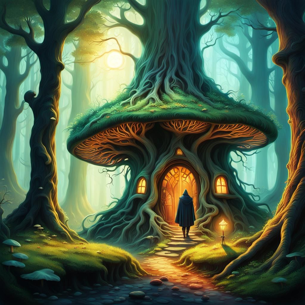 Ethereal Fantasy Realm with Hooded Figure