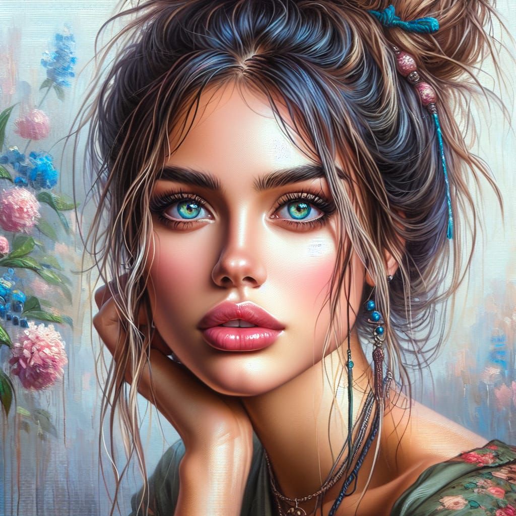 Bohemian Woman with Flowers: Detailed Oil Painting