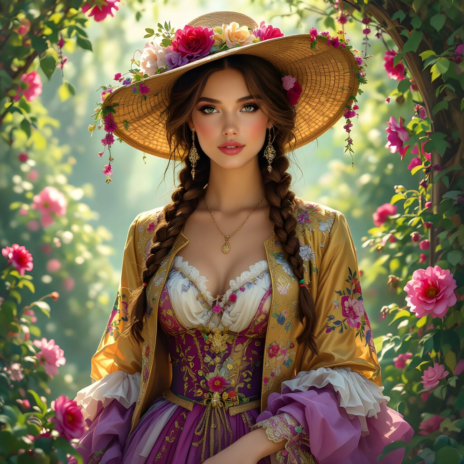 A beautiful woman with braided brown hair and wide-brimmed f...