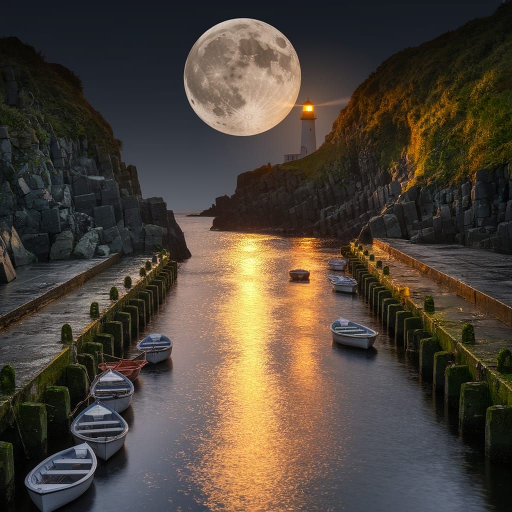 Serene Moonlit Harbor Scene at Night