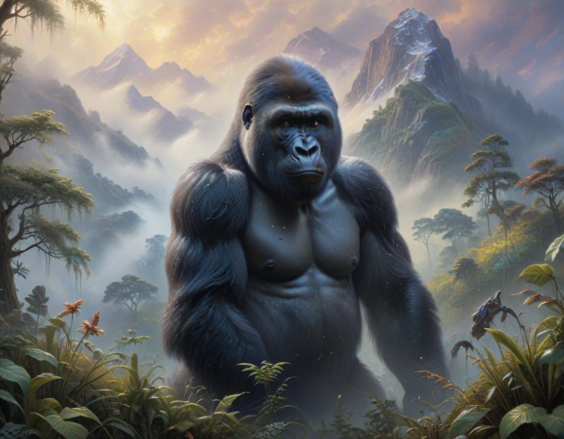 Mountain Gorilla With Baby in Ethereal Mist