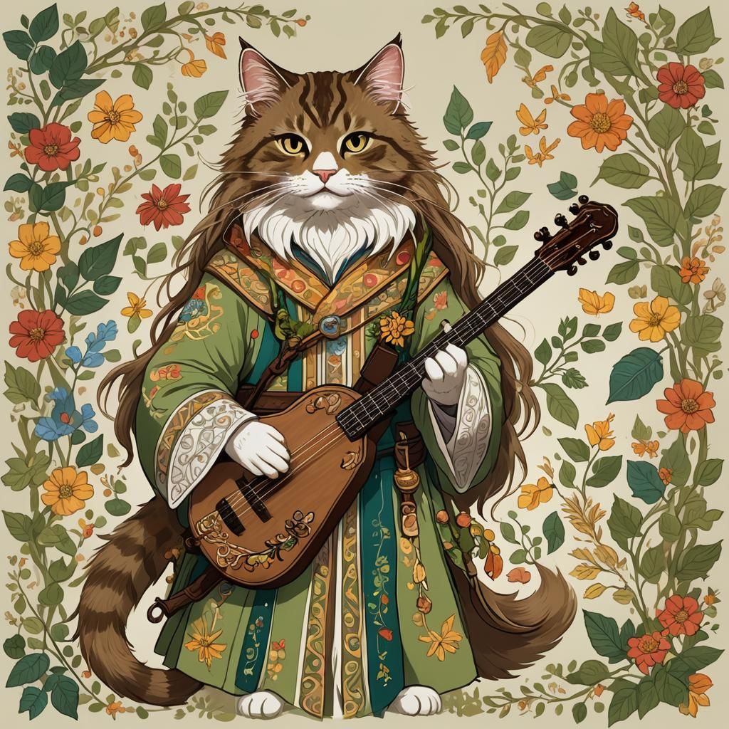 Tabaxi Bard with Lute in Cartoon Style
