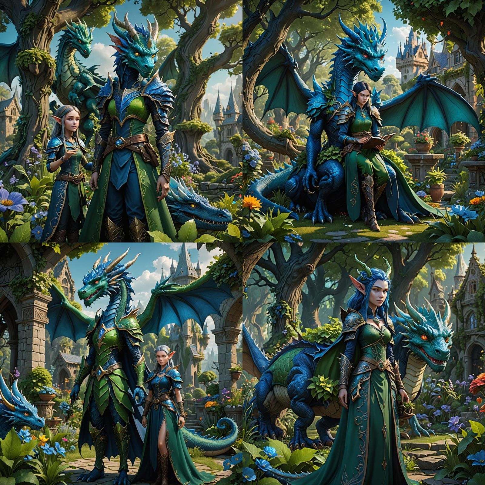 Green Elf Witch and Blue Dragon Gardeners: Fantasy Art