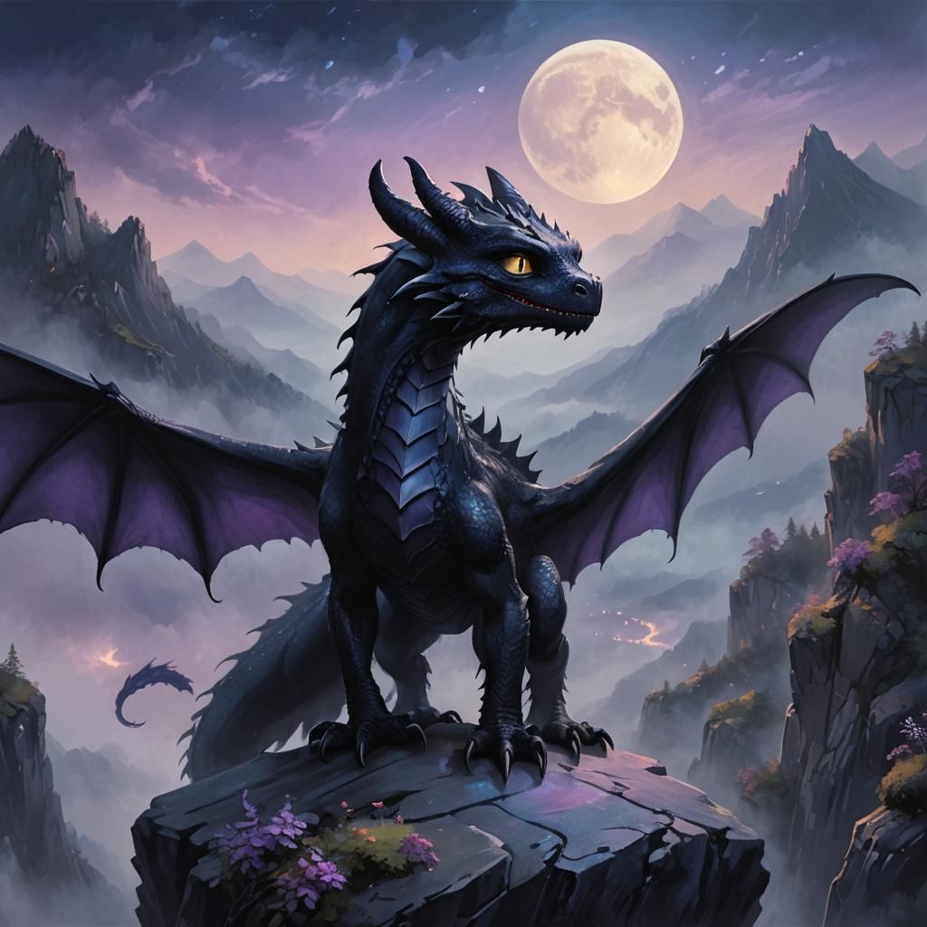 Black Dragon on Misty Mountain Cliff in Whimsical Dark Fanta...