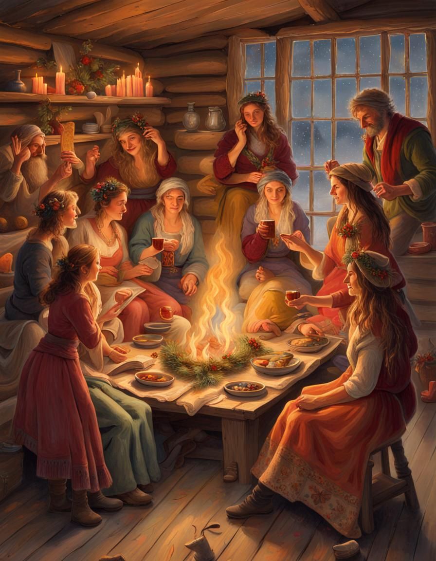 Yule Celebration in Rustic Cabin, Anime Style