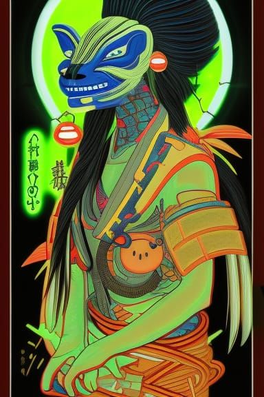 Mystical Steampunk Skunk Warrior Portrait in Ukiyo-e Style