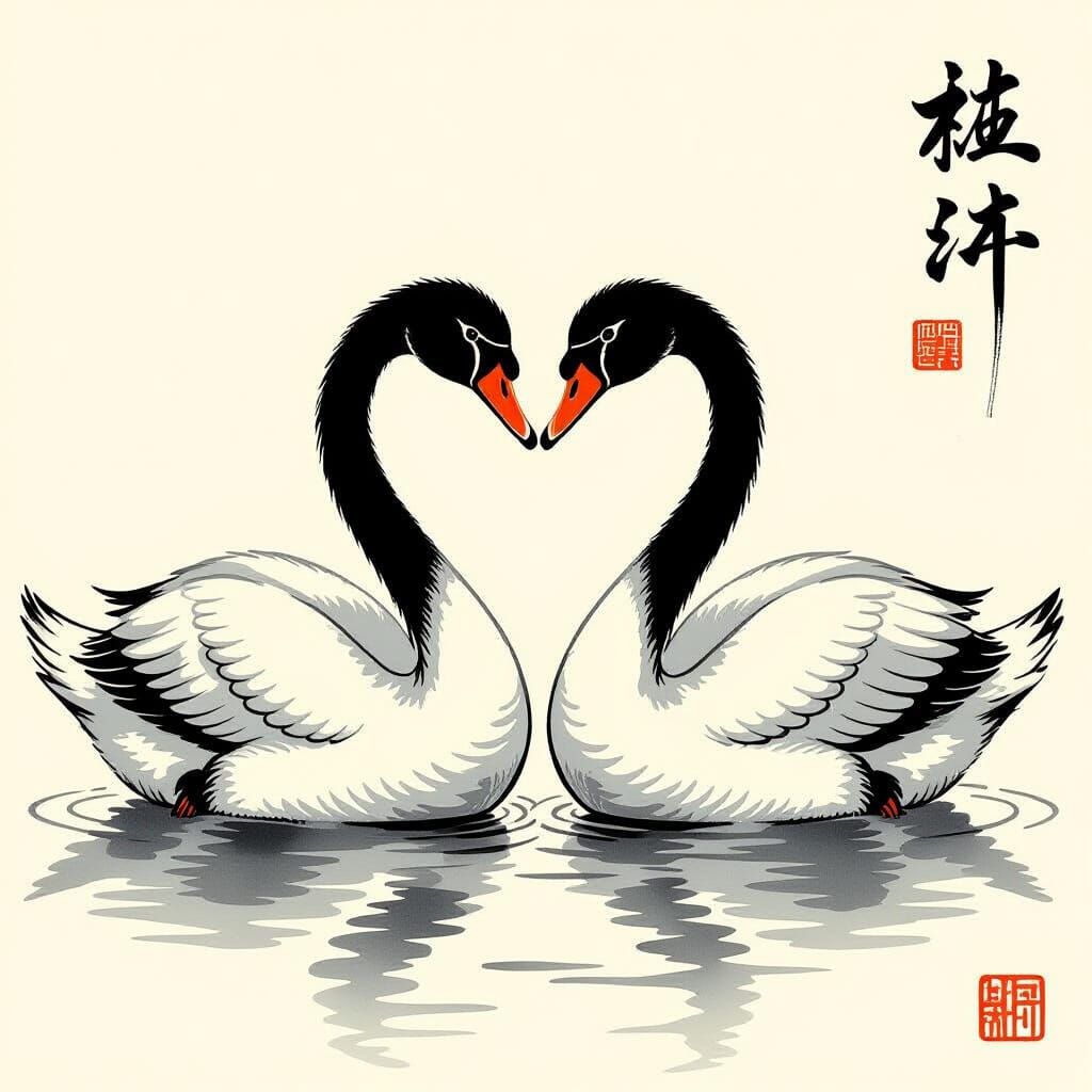 Swans Form Heart in Minimalist Japanese Ink Art
