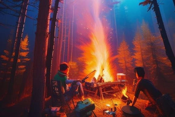Epic Campfire Scene in Digital Illustration Style