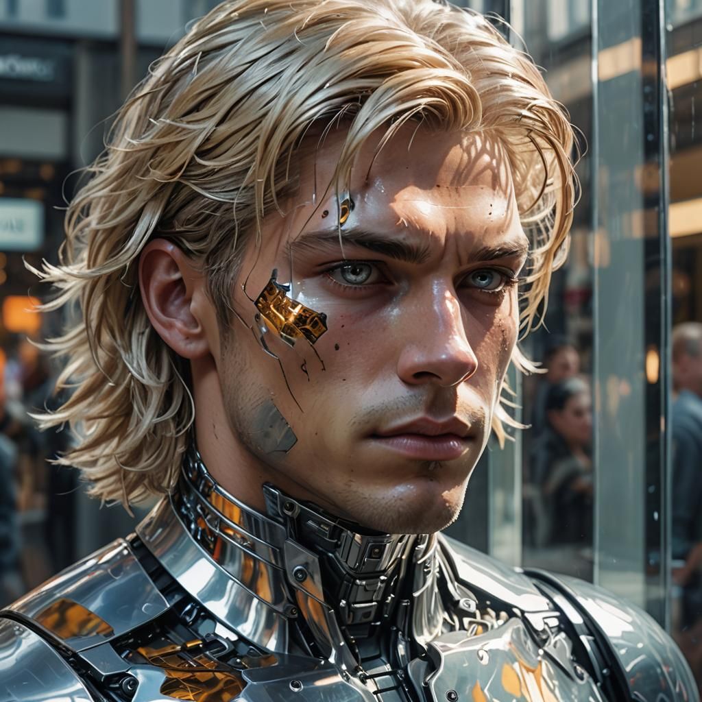 Handsome Cyborg Reflection in Hyperrealistic Splash Art