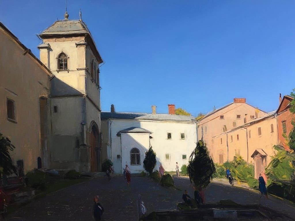 Serene Monastery Yard in Impressionist Style