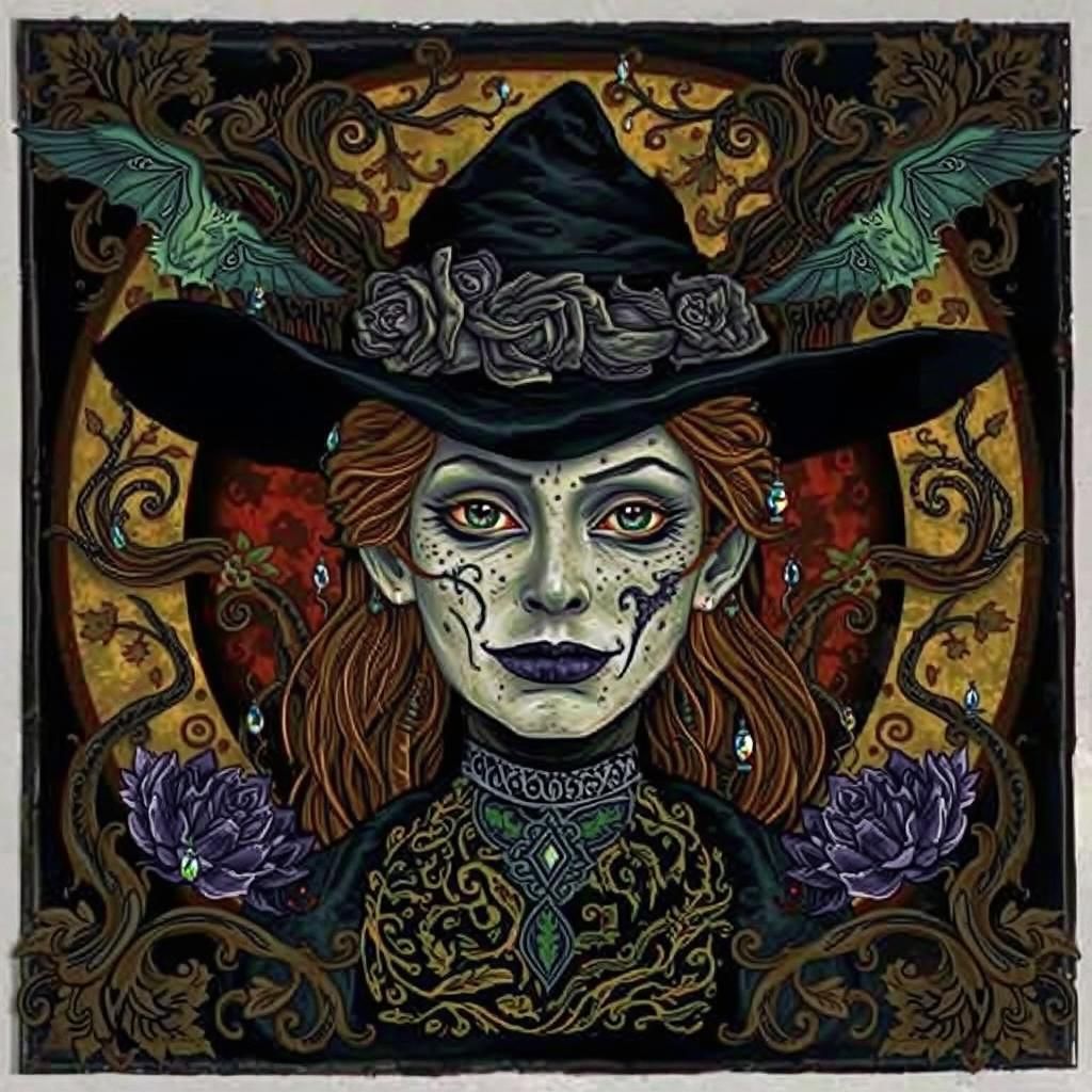 Alebrije-Style Witch Portrait with Bats