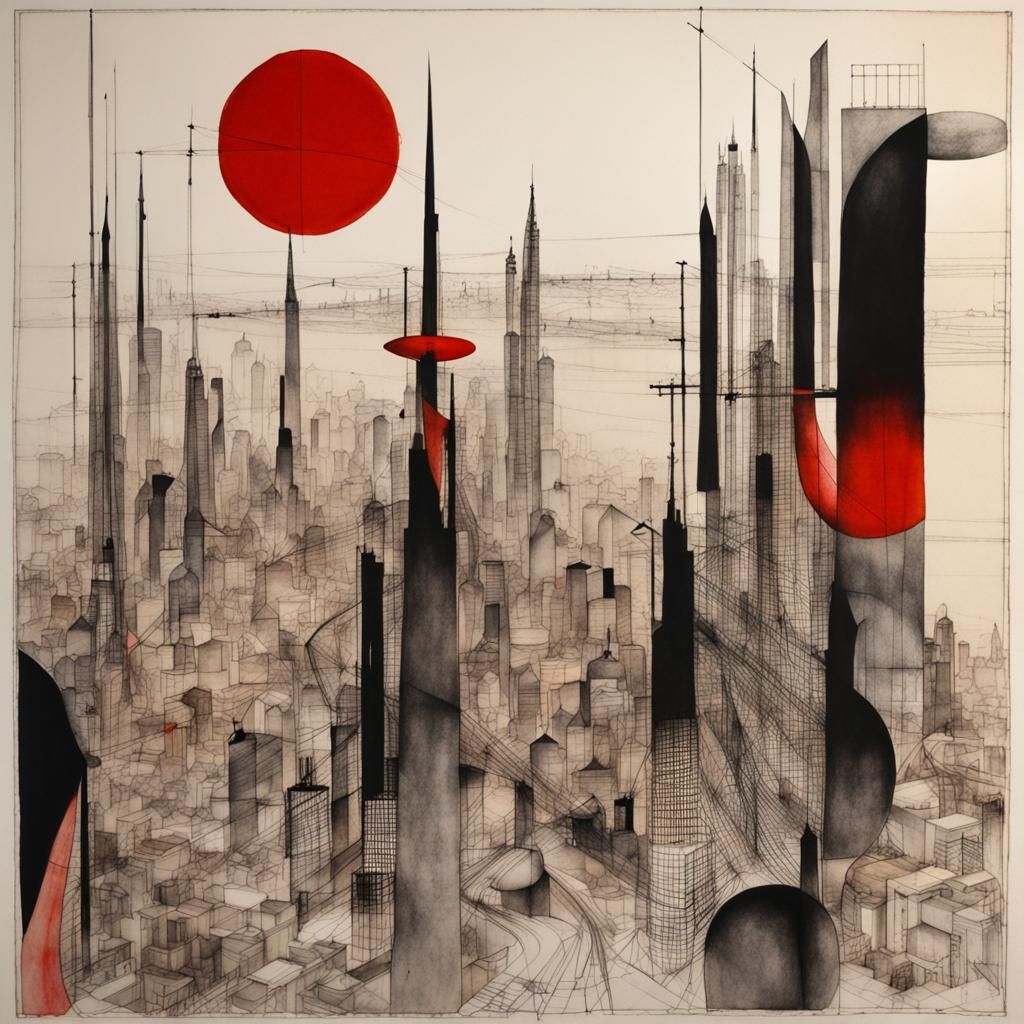 Surreal Cityscape with Detailed Pen and Ink Illustrations