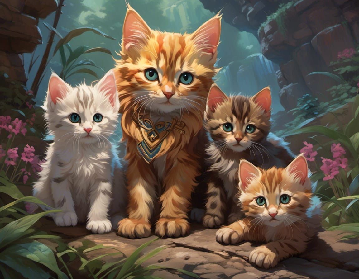 Fantastical Kitten Family Portrait in Deep Color