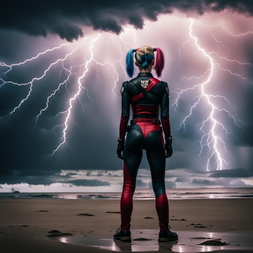 Dramatic Harley Quinn Watches Lightning Storm