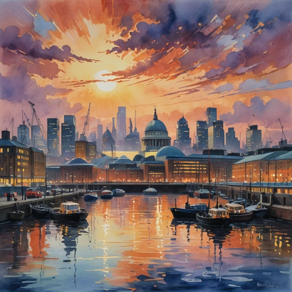 London Docklands at Dusk: Gouache Watercolor Impression