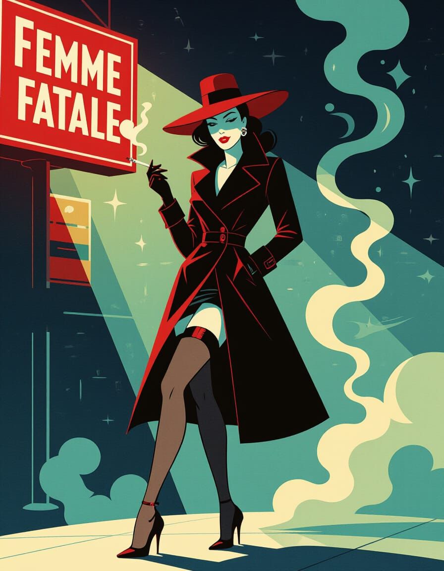 Femme Fatale in Shadows with Red Hat, Film Noir