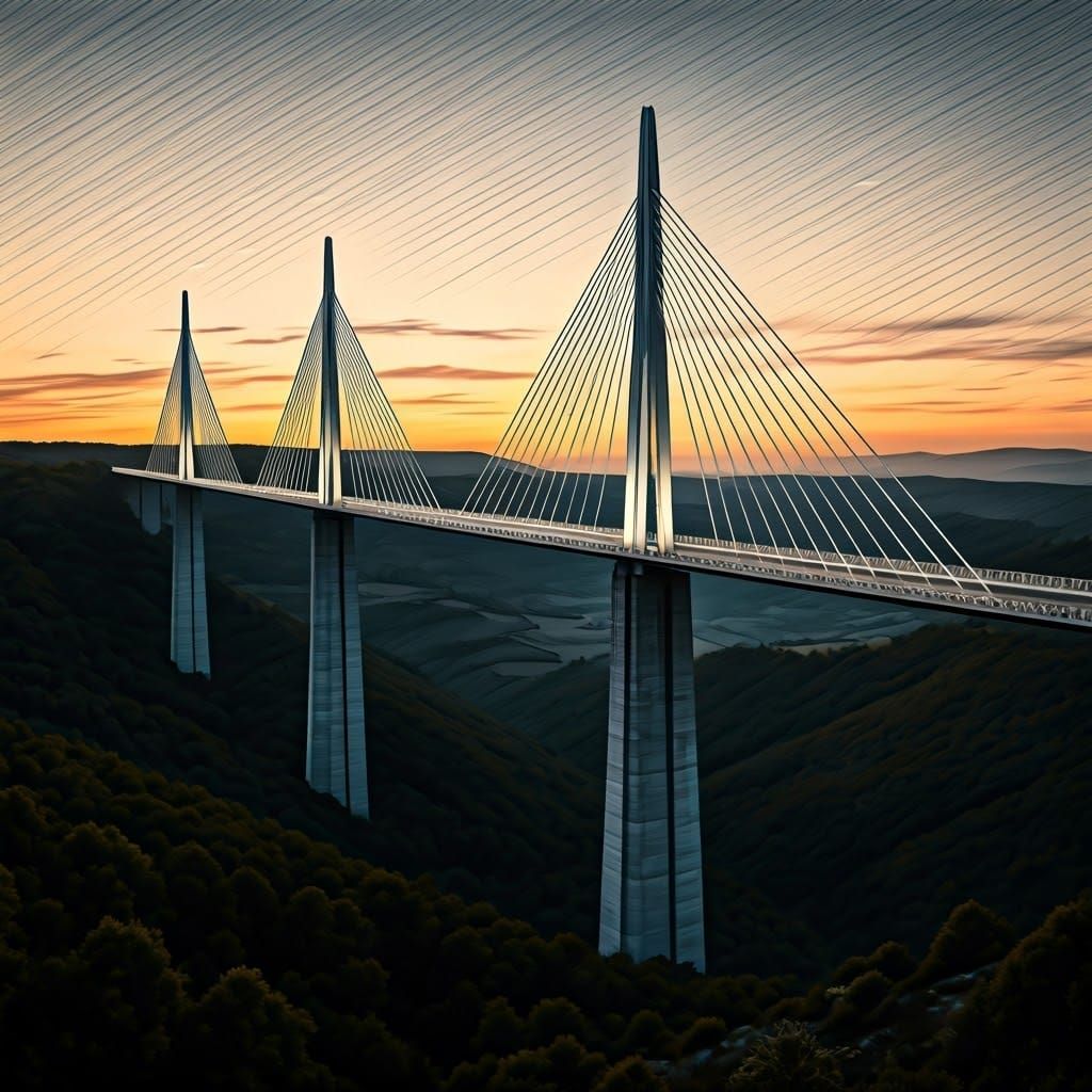 Stark Millau Viaduct Silhouette Against Sunset Sky