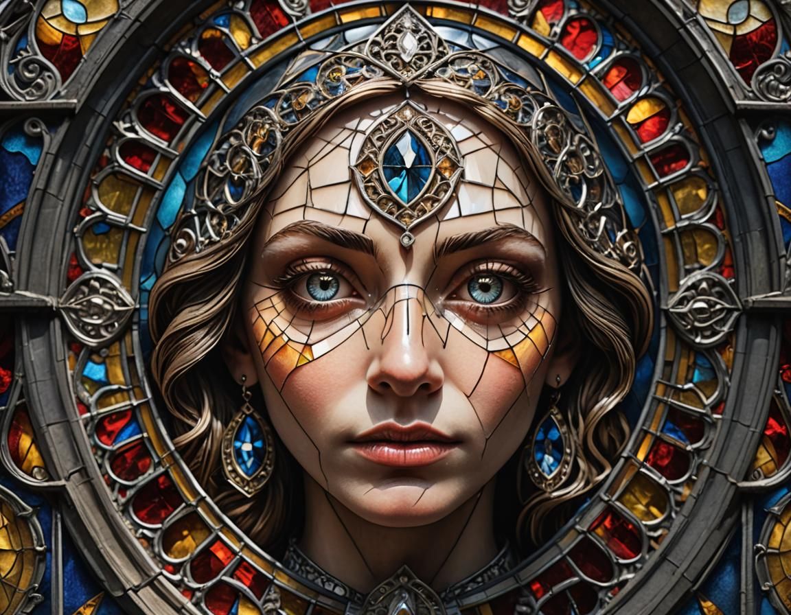 Woman's Eye Reflecting Stained Glass, Hyperrealistic Close-U...