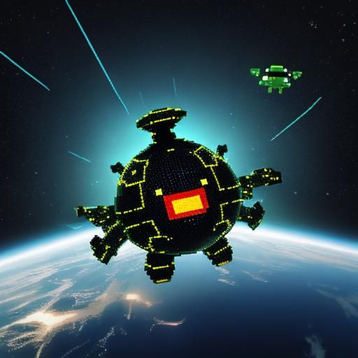 Pixelated Space Invader Attacks a City