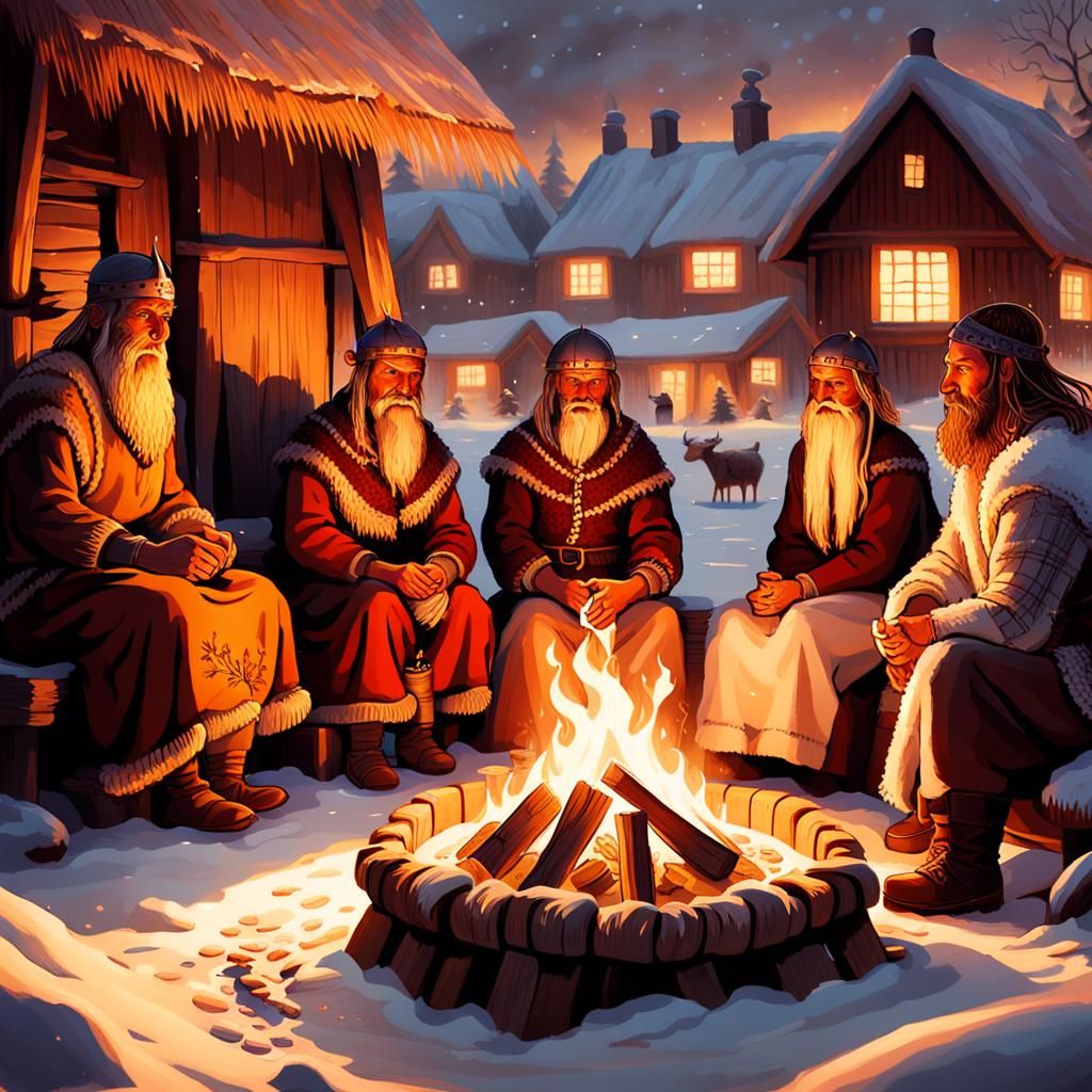 Viking Villagers Gather 'Round Fire in Nordic Folk Art