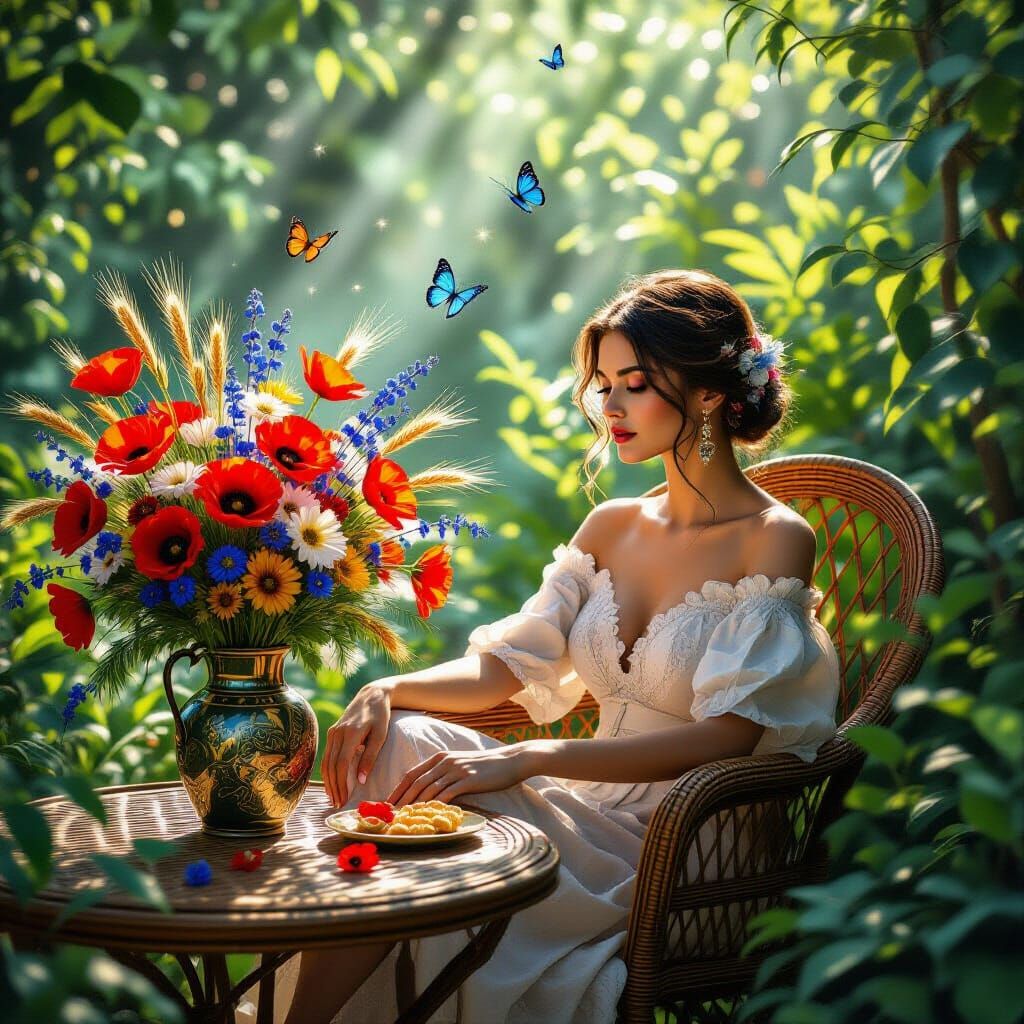 Woman in Garden with Flowers, Neon Noir Style