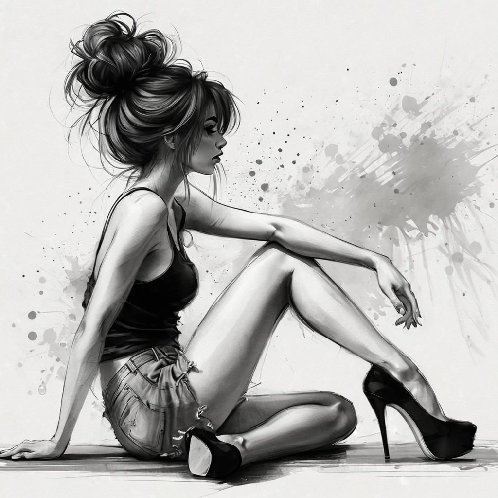 Cartoon Portrait of a Girl in Black and White