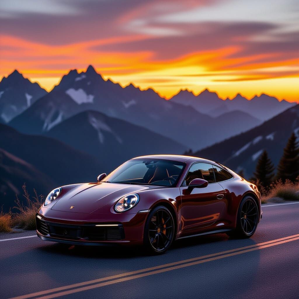 Bourbon Porsche Carrera on Mountain Road at Sunset