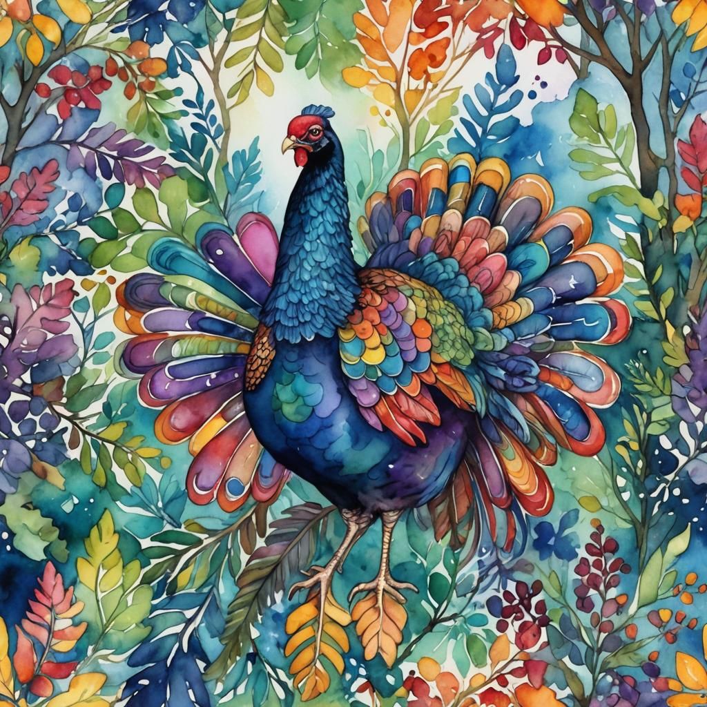 Rainbow Turkey Spreads Plumage in Watercolor Forest