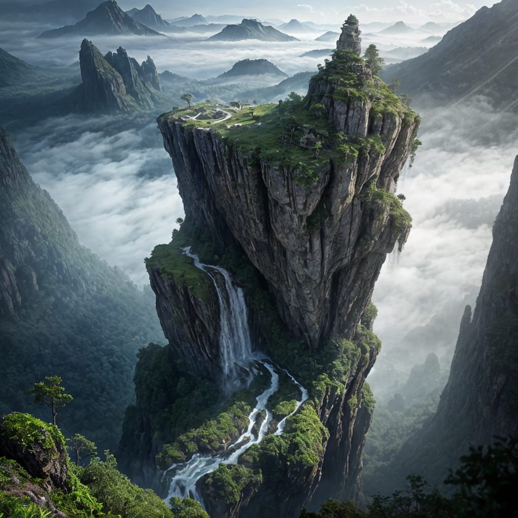 Fantasy Floating Islands with Waterfalls and Sunbeams