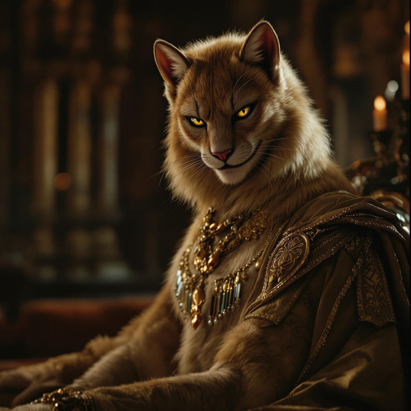 Golden Tabaxi Courtesan in a Cinematic Film Still