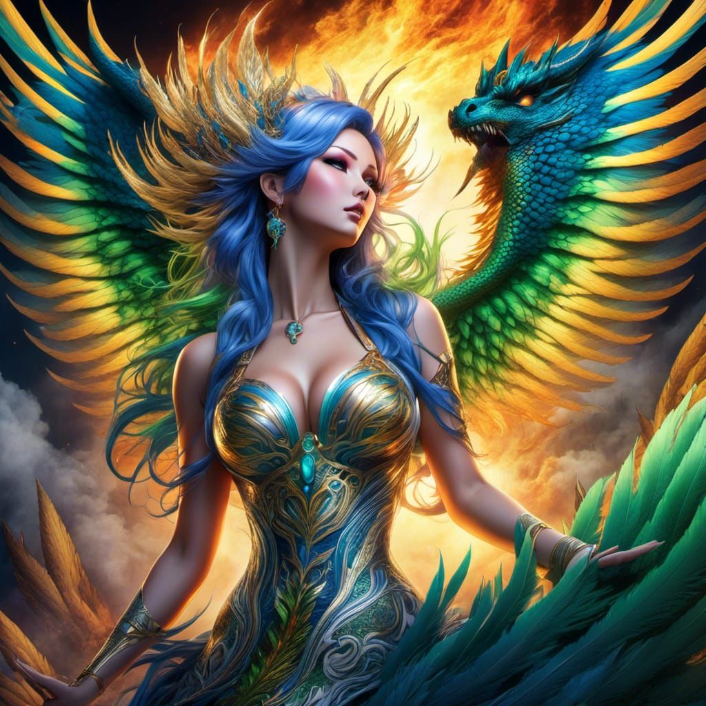 Gothic Dragon-Lady in Feathered Dress Digital Art