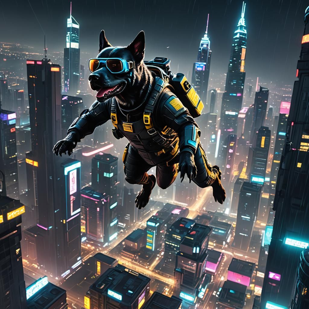 Cyberpunk Dog Skydiving in Futuristic Cityscape