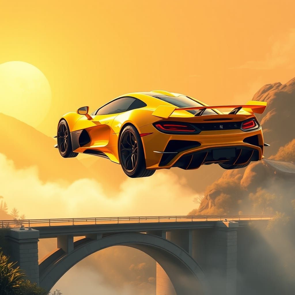 Yellow Car Soars Over Bridge at Sunset