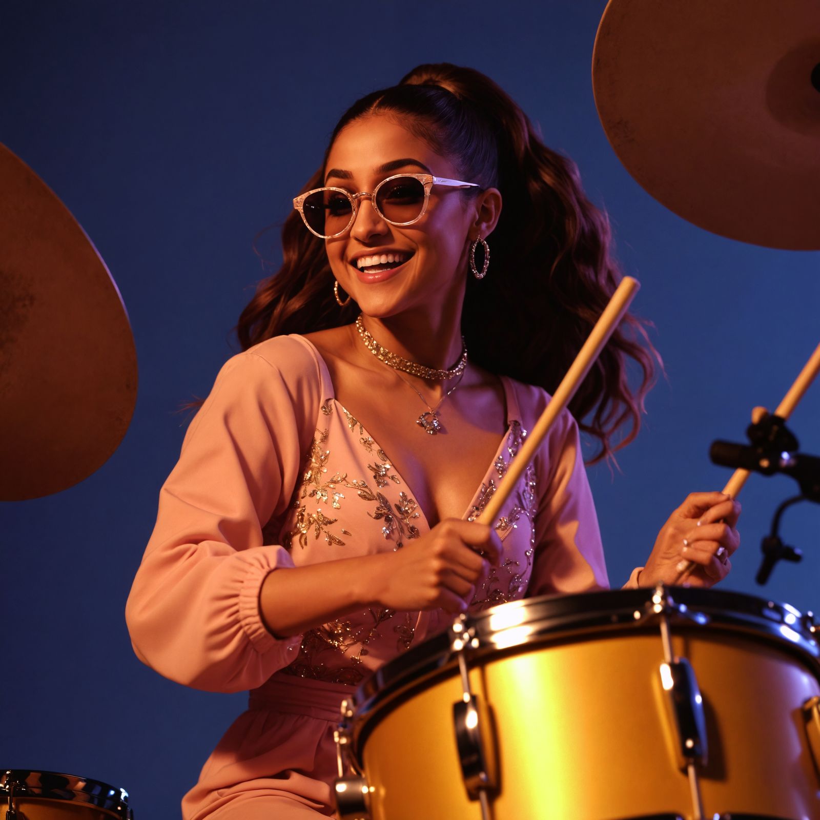 Happy Woman Playing Drums in Sunglasses