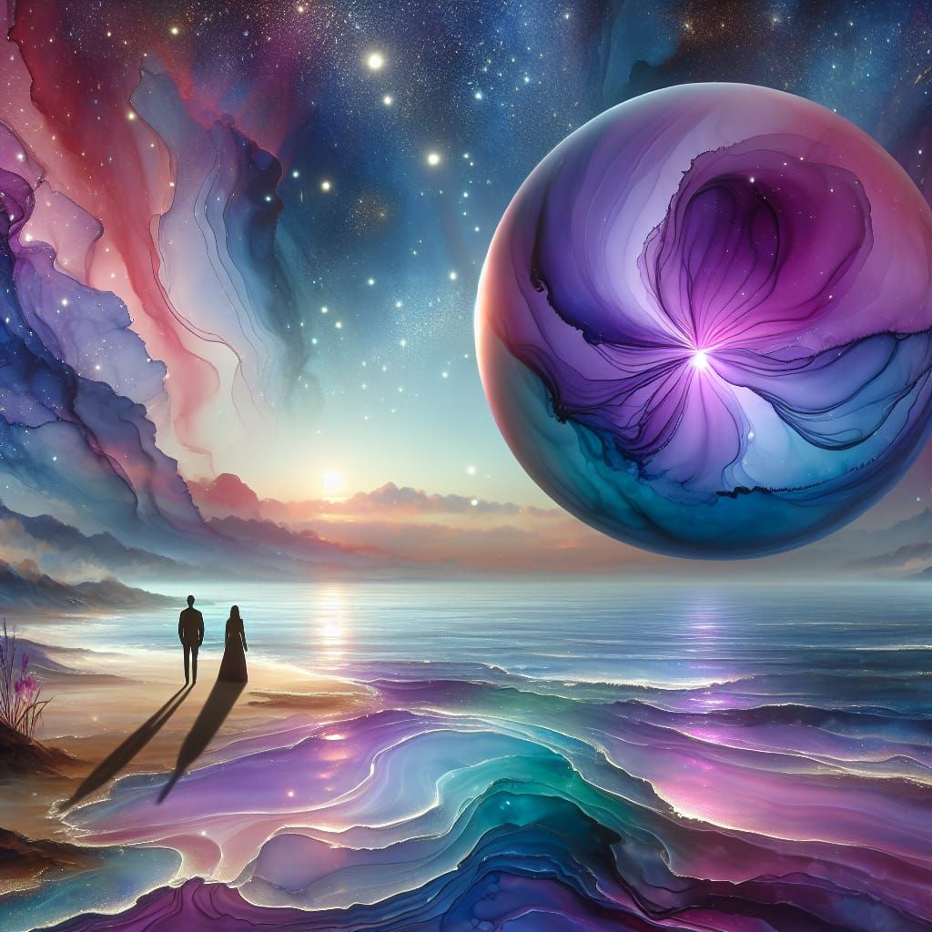 Ethereal Cosmic Ocean at Dusk in Whimsical Pastel Colors