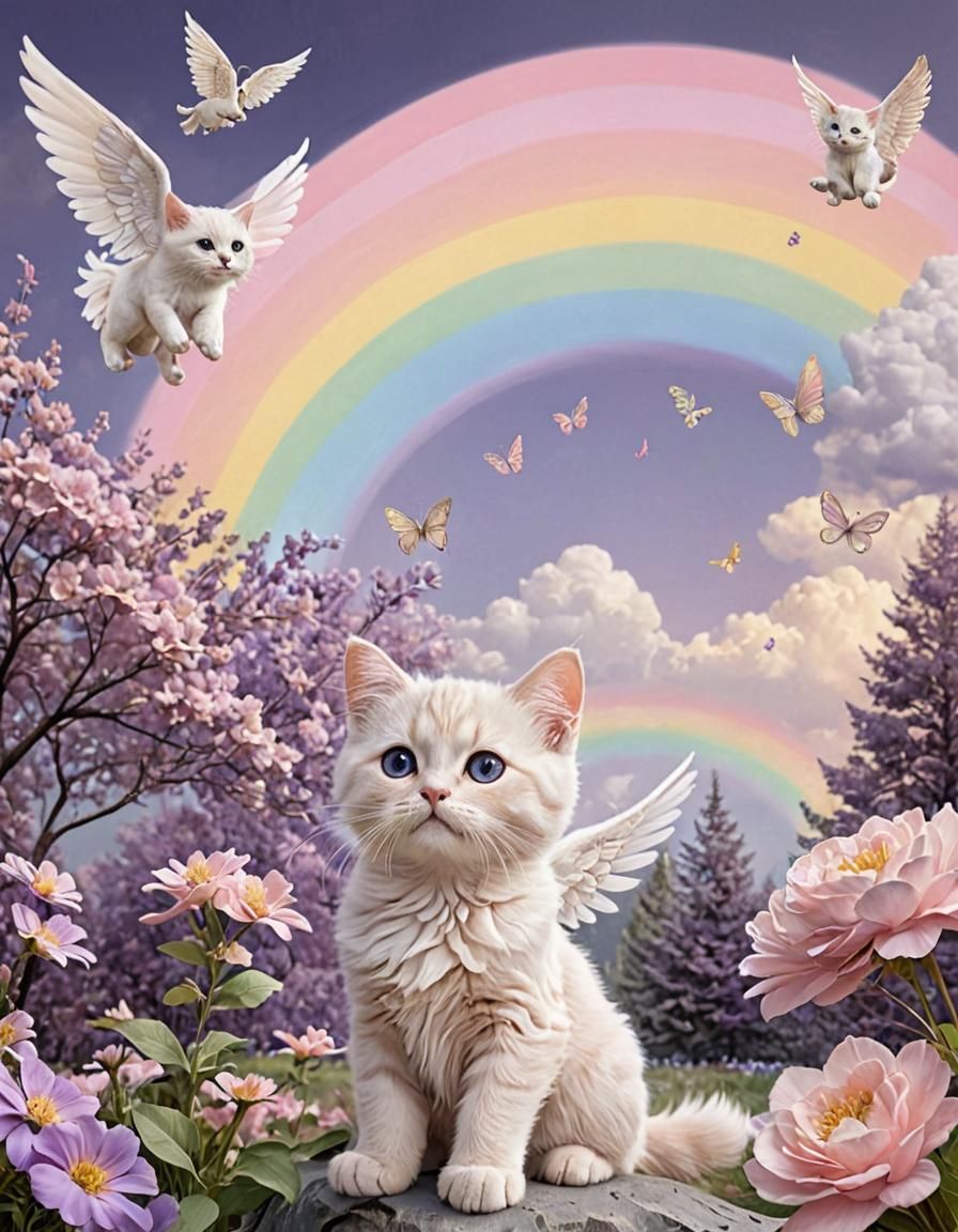 Pastel Angel Cats with Rainbows and Flowers
