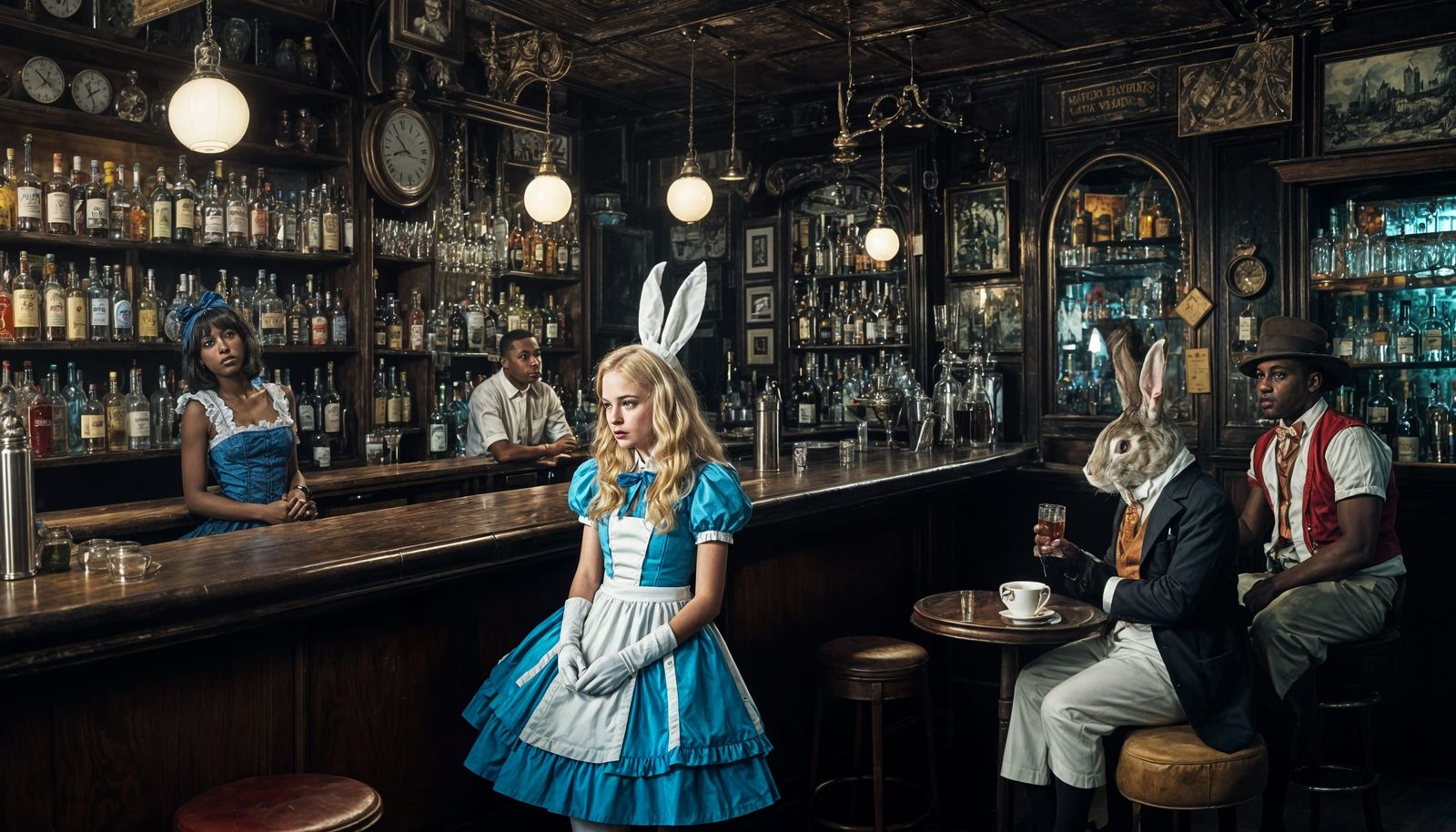 Alice in Wonderland and White Rabbit both sad in a poor bar.