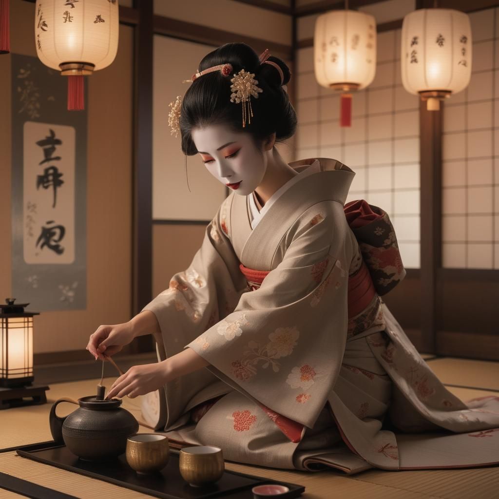 Elegant Geisha Performing Traditional Tea Ceremony