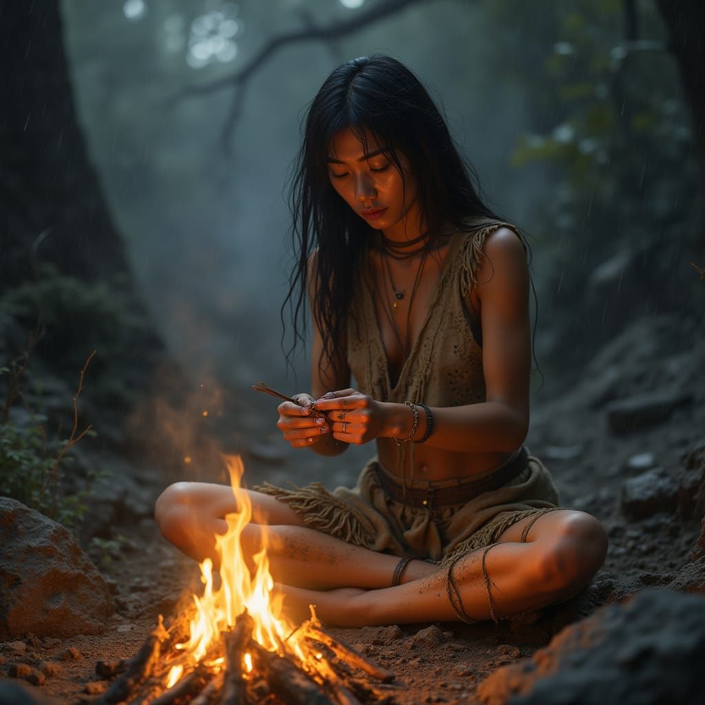 Paleolithic Woman by a Warm, Golden Fire