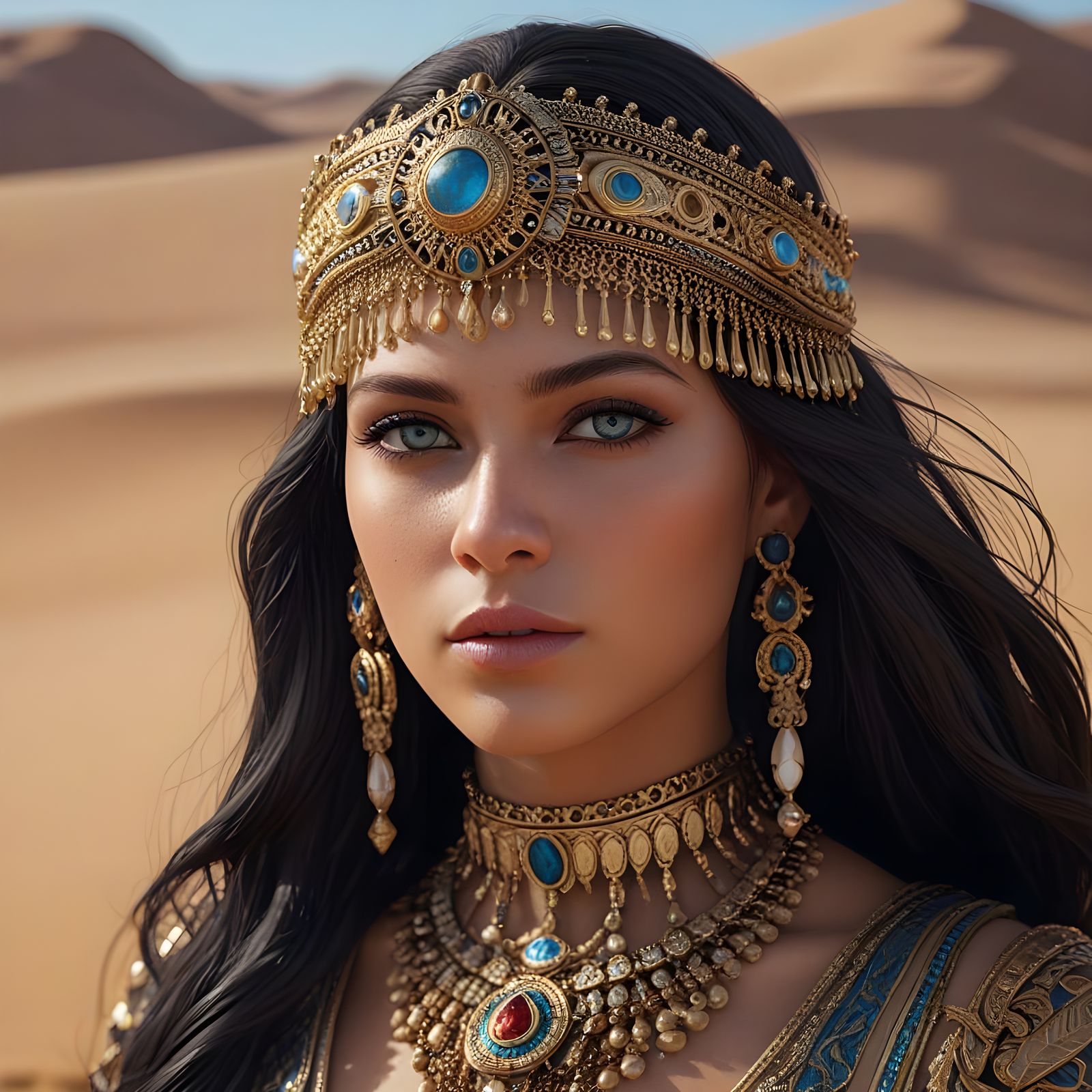 Regal Arabian Desert Goddess in Golden Headdress